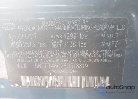 2008 Hyundai Sonata Gls из США, поврежденный, VIN 5NPET46C28H318819